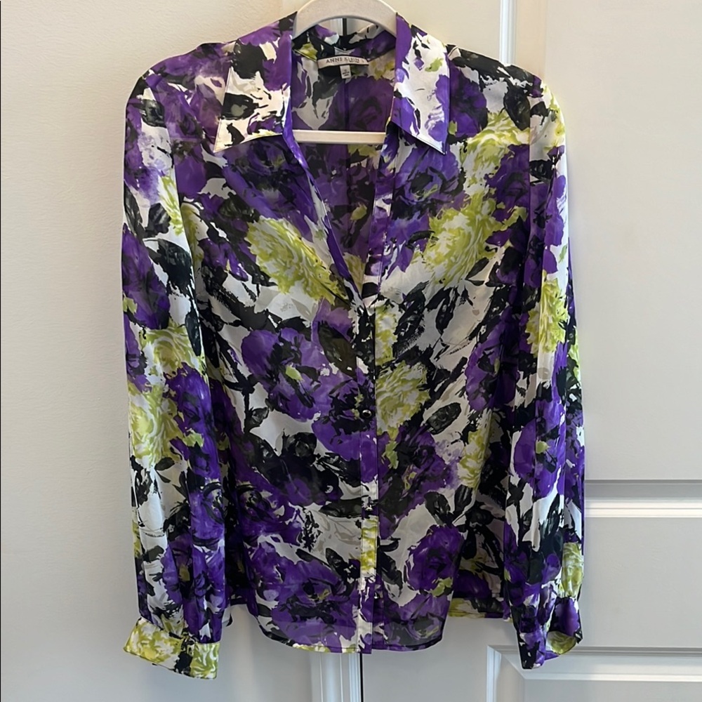 Anne Klein Purple and Green Long Sleeve Notched Collar Blouse